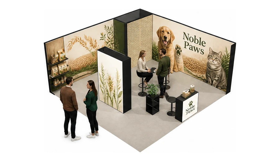 Stoisko 6 × 6 m narożne prawe dla branży karma dla zwierząt, przykładowa marka Noble Paws