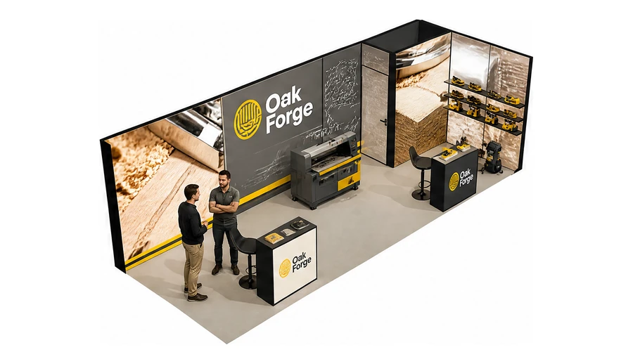 Stoisko 8 × 3 m narożne prawe dla branży maszyny do obróbki drewna, przykładowa marka Oak Forge