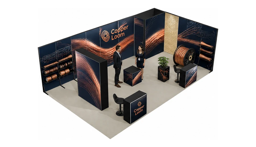 Stoisko 8 × 5 m narożne prawe dla branży kable i elektrotechnika, przykładowa marka Copper Loom