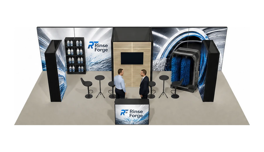 Stoisko 10 × 5 m półwyspowe dla branży myjnie i pielęgnacja aut, przykładowa marka Rinse Forge