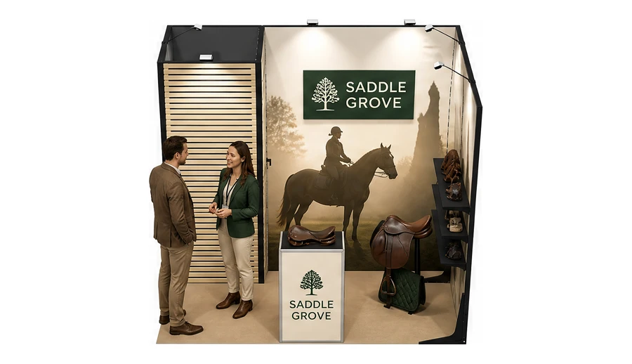 Stoisko 3 × 2 m narożne prawe dla branży jeździectwo, przykładowa marka Saddle Grove