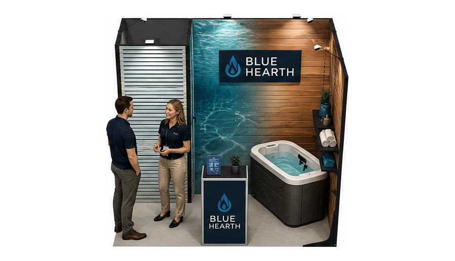 Stoisko 3 × 2 m narożne prawe dla branży baseny i sauny, przykładowa marka Blue Hearth