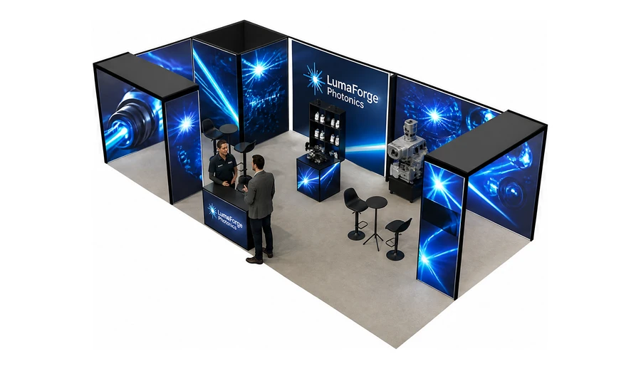 Stoisko 10 × 5 m narożne lewe dla branży technika laserowa i fotonika, przykładowa marka LumaForge Photonics
