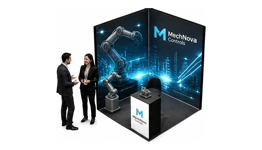 Stoisko 2 × 2 m narożne lewe dla branży automatyka przemysłowa, przykładowa marka MechNova Controls