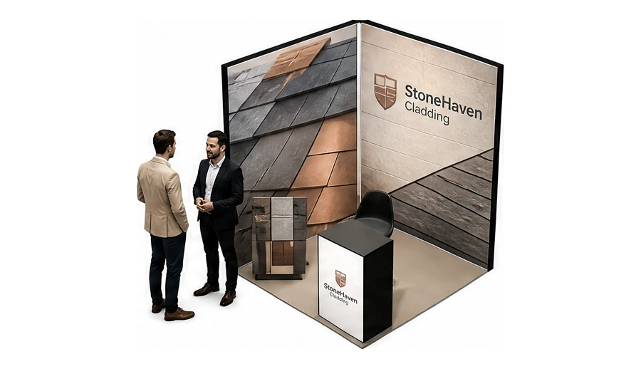 Stoisko 2 × 2 m narożne lewe dla branży dachy i elewacje, przykładowa marka StoneHaven Cladding