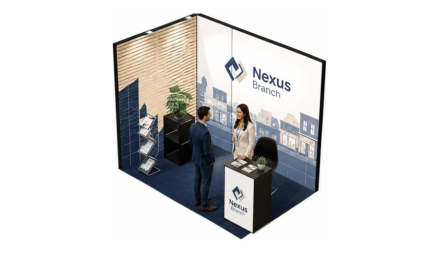 Stoisko 3 × 2 m narożne lewe dla branży franczyza i sieci, przykładowa marka Nexus Branch