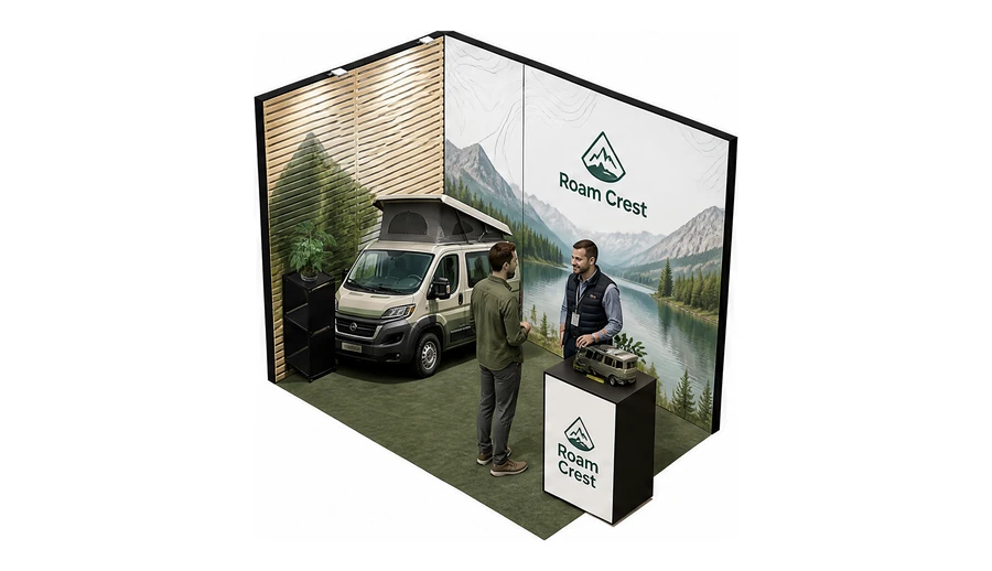 Stoisko 3 × 2 m narożne lewe dla branży caravaning i kampery, przykładowa marka Roam Crest
