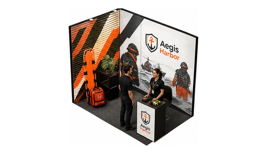 Stoisko 3 × 2 m narożne lewe dla branży ratownictwo i sprzęt ratunkowy, przykładowa marka Aegis Harbor