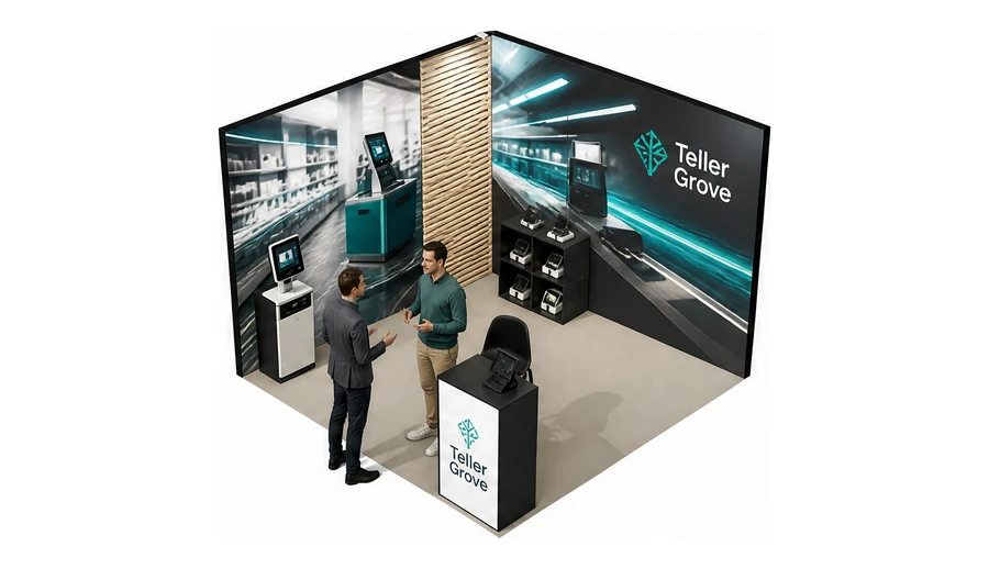 Stoisko 3 × 3 m narożne lewe dla branży technologie dla handlu, przykładowa marka Teller Grove