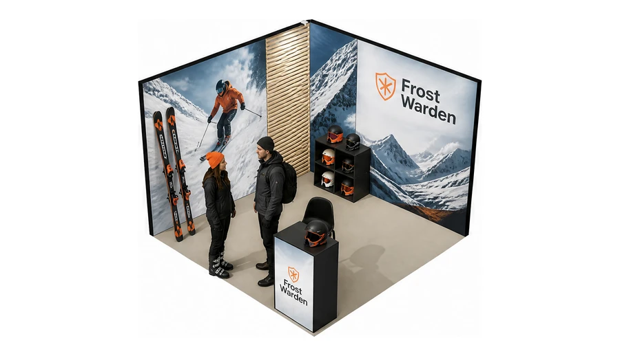 Stoisko 3 × 3 m narożne lewe dla branży narciarstwo i sporty zimowe, przykładowa marka Frost Warden