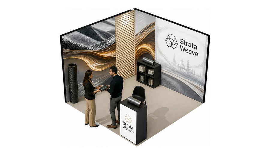 Stoisko 3 × 3 m narożne lewe dla branży materiały kompozytowe, przykładowa marka Strata Weave