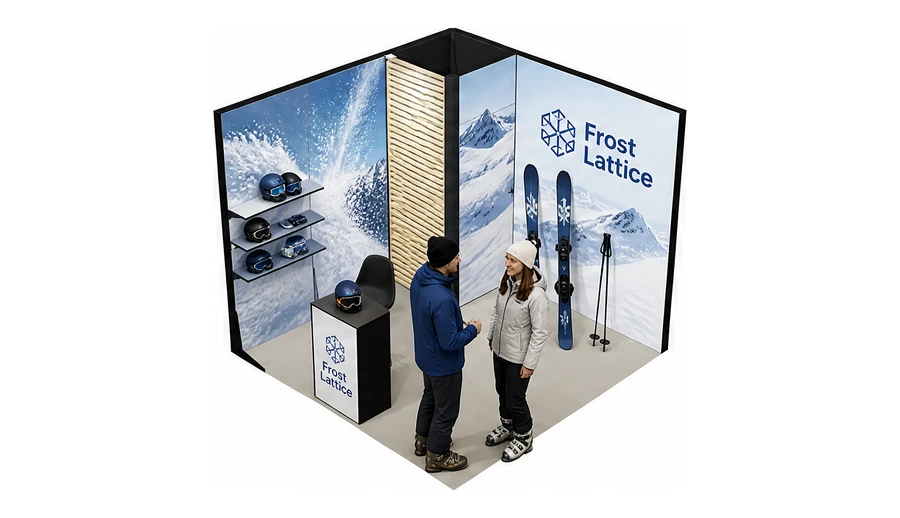 Stoisko 3 × 3 m narożne lewe dla branży narciarstwo i sporty zimowe, przykładowa marka Frost Lattice