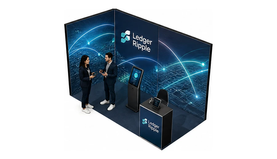 Stoisko 4 × 2 m narożne lewe dla branży płatności online, przykładowa marka Ledger Ripple