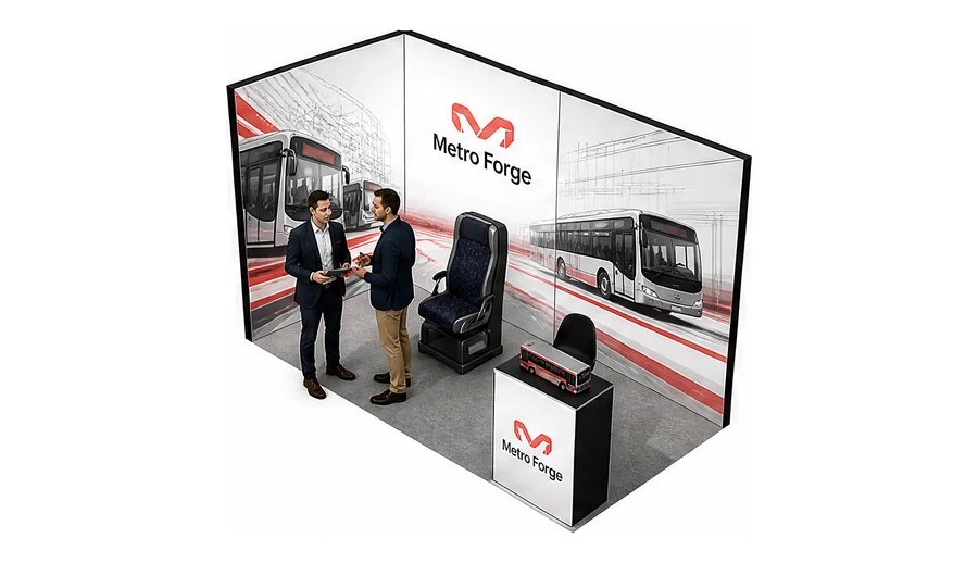 Stoisko 4 × 2 m narożne lewe dla branży autobusy i transport zbiorowy, przykładowa marka Metro Forge