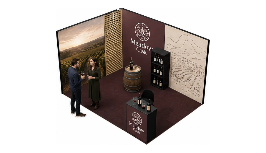 Stoisko 4 × 3 m narożne lewe dla branży winnica, przykładowa marka Meadow Cask