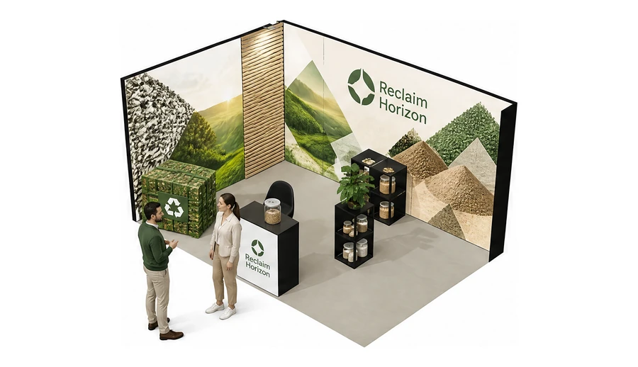 Stoisko 5 × 3 m narożne lewe dla branży recykling i ochrona środowiska, przykładowa marka Reclaim Horizon