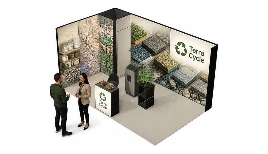 Stoisko 5 × 3 m narożne lewe dla branży recykling i ochrona środowiska, przykładowa marka Terra Cycle