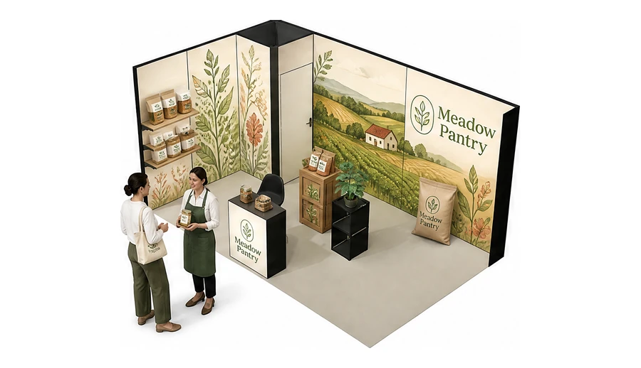 Stoisko 5 × 3 m narożne lewe dla branży żywność ekologiczna, przykładowa marka Meadow Pantry