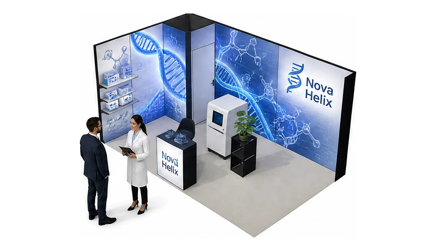 Stoisko 5 × 3 m narożne lewe dla branży farmacja i biotechnologia, przykładowa marka Nova Helix