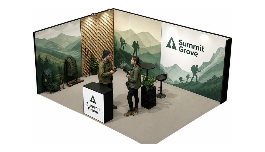 Stoisko 5 × 4 m narożne lewe dla branży odzież i sprzęt outdoorowy, przykładowa marka Summit Grove