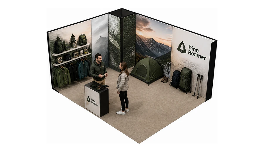 Stoisko 5 × 4 m narożne lewe dla branży odzież i sprzęt outdoorowy, przykładowa marka Pine Roamer