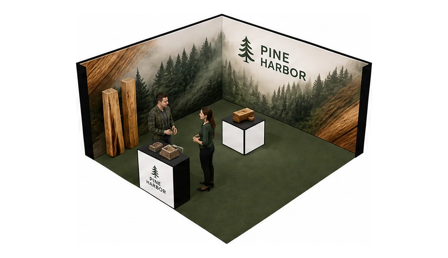 Stoisko 5 × 5 m narożne lewe dla branży leśnictwo i przemysł drzewny, przykładowa marka Pine Harbor