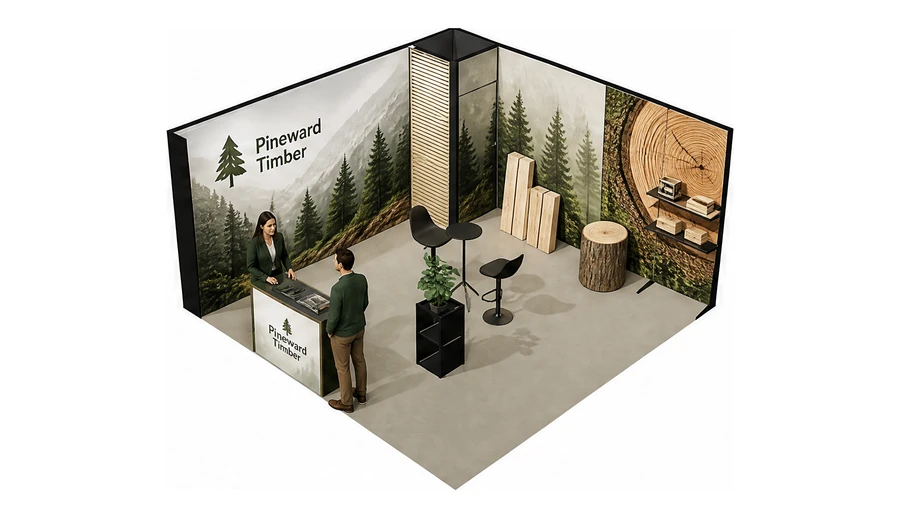 Stoisko 5 × 5 m narożne lewe dla branży leśnictwo i przemysł drzewny, przykładowa marka Pineward Timber