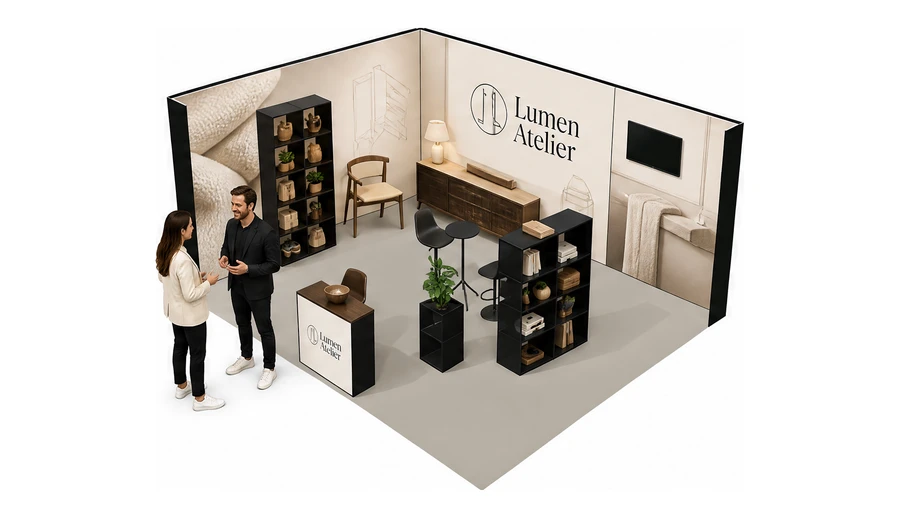 Stoisko 6 × 5 m narożne lewe dla branży meble designerskie, przykładowa marka Lumen Atelier