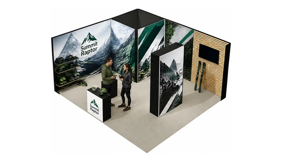 Stoisko 6 × 5 m narożne lewe dla branży sprzęt sportowy, przykładowa marka Summit Raptor
