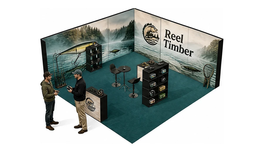 Stoisko 6 × 6 m narożne lewe dla branży wędkarstwo, przykładowa marka Reel Timber