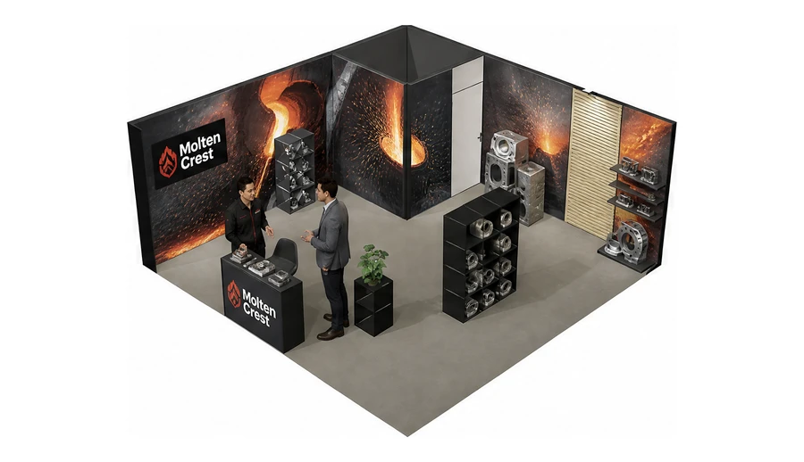 Stoisko 6 × 6 m narożne lewe dla branży obróbka metali i odlewnictwo, przykładowa marka Molten Crest