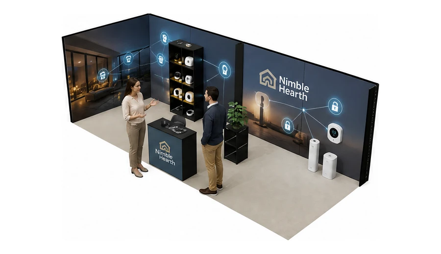 Stoisko 8 × 3 m narożne lewe dla branży smart home i IoT, przykładowa marka Nimble Hearth