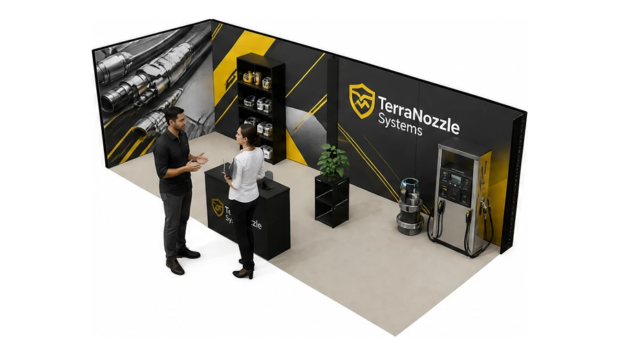Stoisko 8 × 3 m narożne lewe dla branży stacje paliw, przykładowa marka TerraNozzle Systems