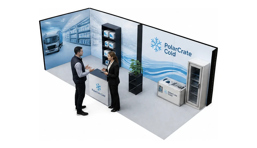 Stoisko 8 × 3 m narożne lewe dla branży łańcuch chłodniczy, przykładowa marka PolarCrate Cold