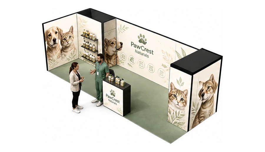 Stoisko 8 × 3 m narożne lewe dla branży weterynaria, przykładowa marka PawCrest Naturals