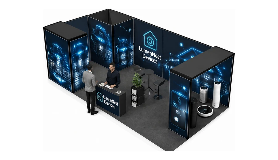 Stoisko 8 × 4 m narożne lewe dla branży smart home i IoT, przykładowa marka LumenNest Devices