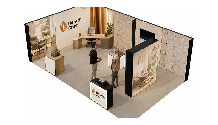 Stoisko 8 × 5 m narożne lewe dla branży meble biurowe, przykładowa marka Hearth Crest