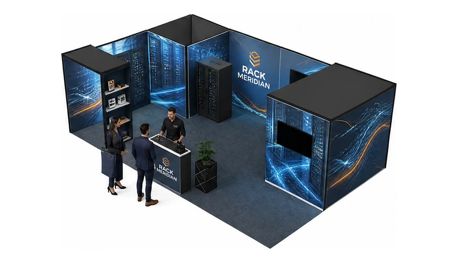 Stoisko 8 × 5 m narożne lewe dla branży infrastruktura IT i data center, przykładowa marka Rack Meridian