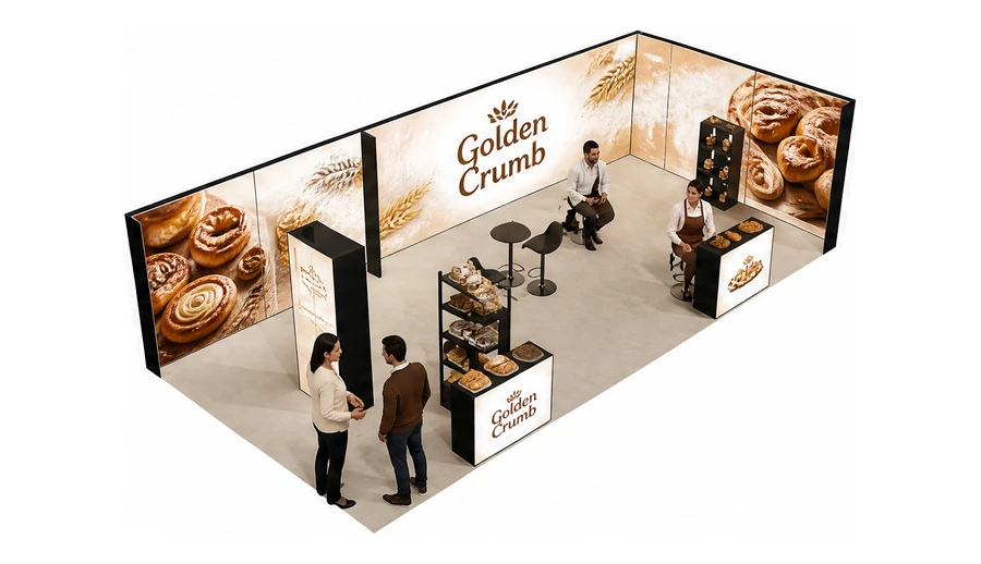 Stoisko 10 × 5 m narożne prawe dla branży piekarnictwo i cukiernictwo, przykładowa marka Golden Crumb