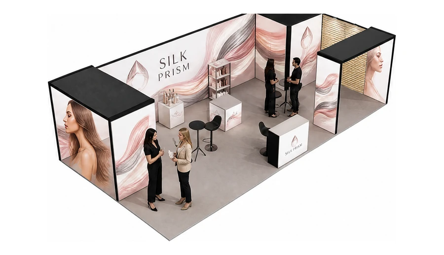 Stoisko 10 × 5 m narożne prawe dla branży fryzjerstwo i salony beauty, przykładowa marka Silk Prism