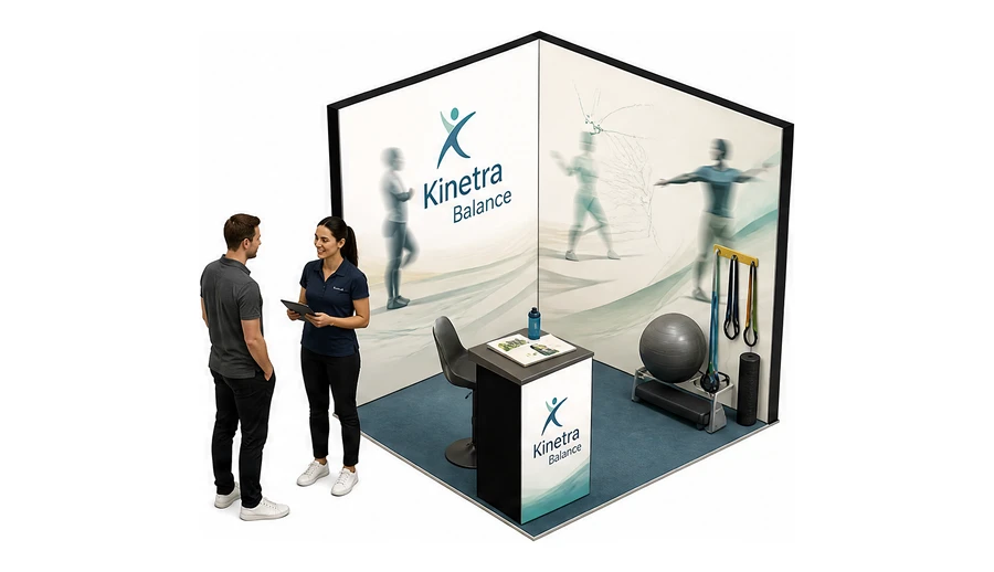 Stoisko 2 × 2 m narożne prawe dla branży rehabilitacja i fizjoterapia, przykładowa marka Kinetra Balance
