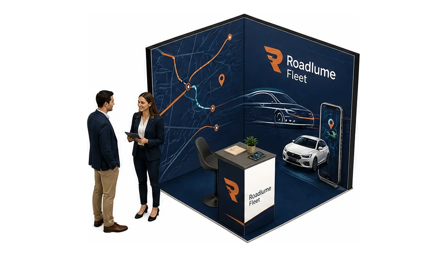 Stoisko 2 × 2 m narożne prawe dla branży flota i leasing aut, przykładowa marka Roadlume Fleet