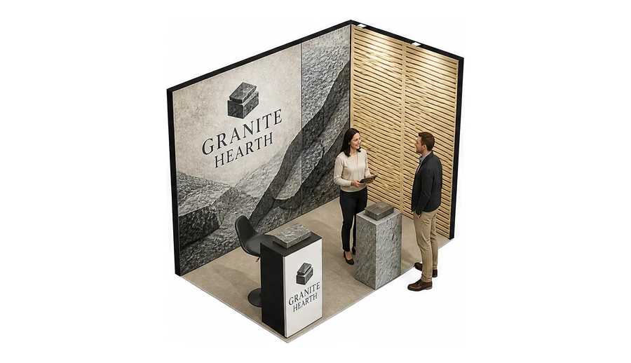 Stoisko 3 × 2 m narożne prawe dla branży kamień i kamieniarstwo, przykładowa marka Granite Hearth