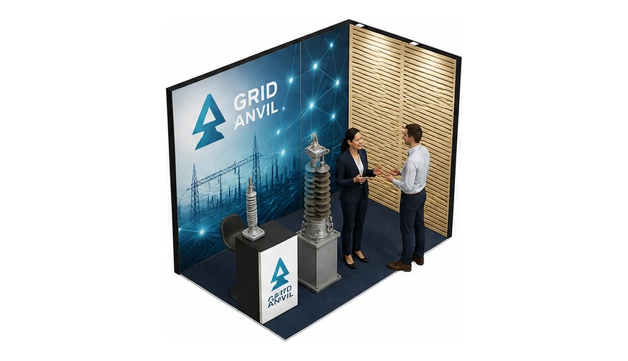Stoisko 3 × 2 m narożne prawe dla branży energetyka i sieci, przykładowa marka Grid Anvil