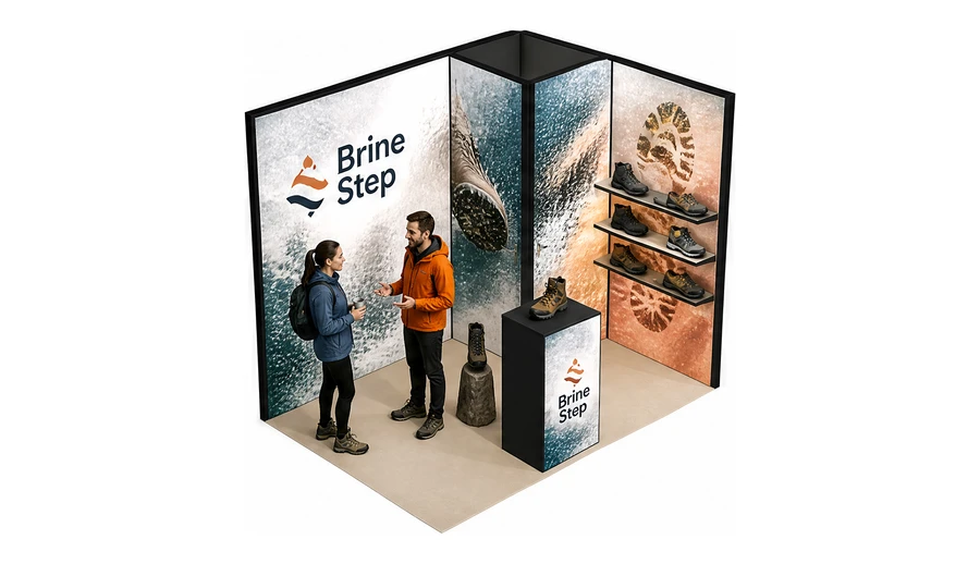 Stoisko 3 × 2 m narożne prawe dla branży obuwie, przykładowa marka Brine Step