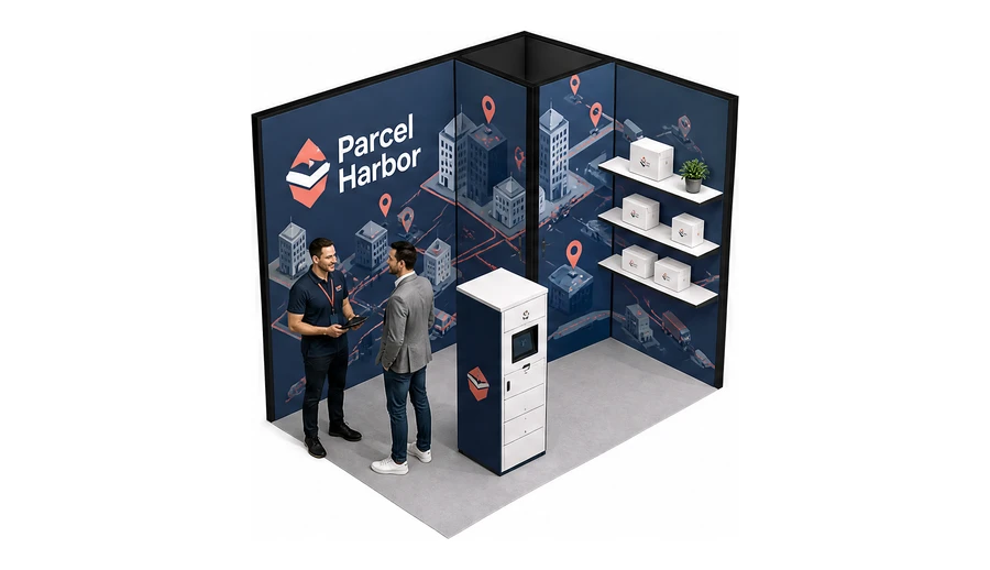 Stoisko 3 × 2 m narożne prawe dla branży franczyza i sieci, przykładowa marka Parcel Harbor