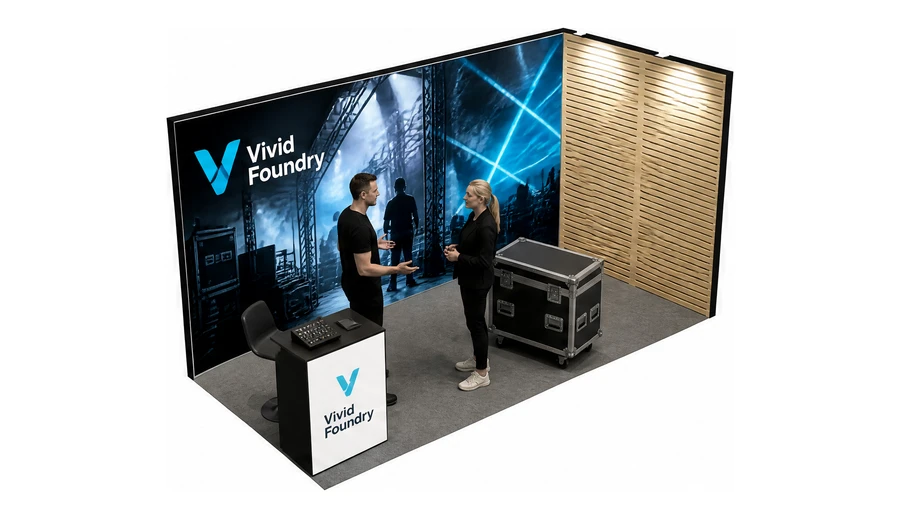 Stoisko 4 × 2 m narożne prawe dla branży branża eventowa, przykładowa marka Vivid Foundry