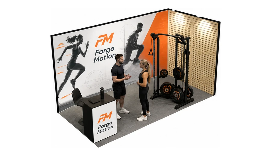 Stoisko 4 × 2 m narożne prawe dla branży fitness i siłownie, przykładowa marka Forge Motion