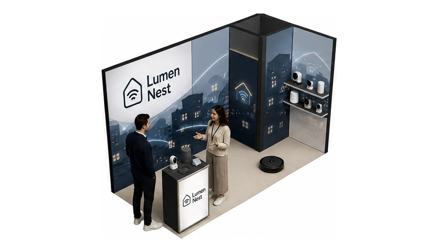 Stoisko 4 × 2 m narożne prawe dla branży smart home i IoT, przykładowa marka Lumen Nest