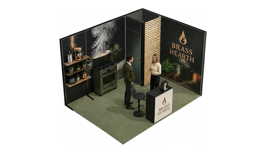 Stoisko 4 × 3 m narożne prawe dla branży sprzęt kuchenny i AGD, przykładowa marka Brass Hearth